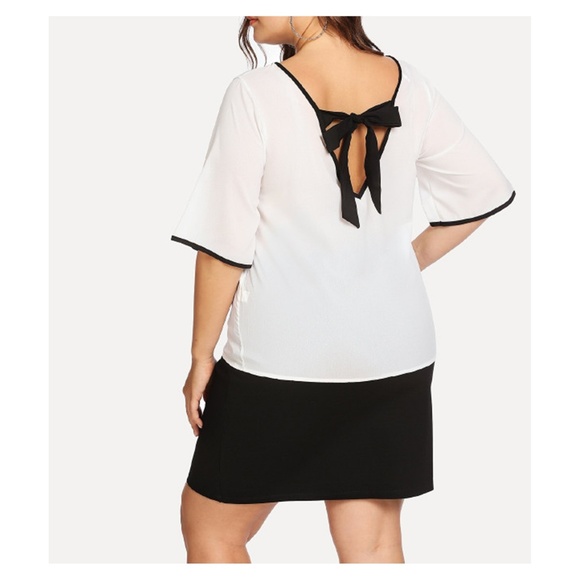 White Black V Neck Back Bow Short Sleeve Blouse - Picture 3 of 5